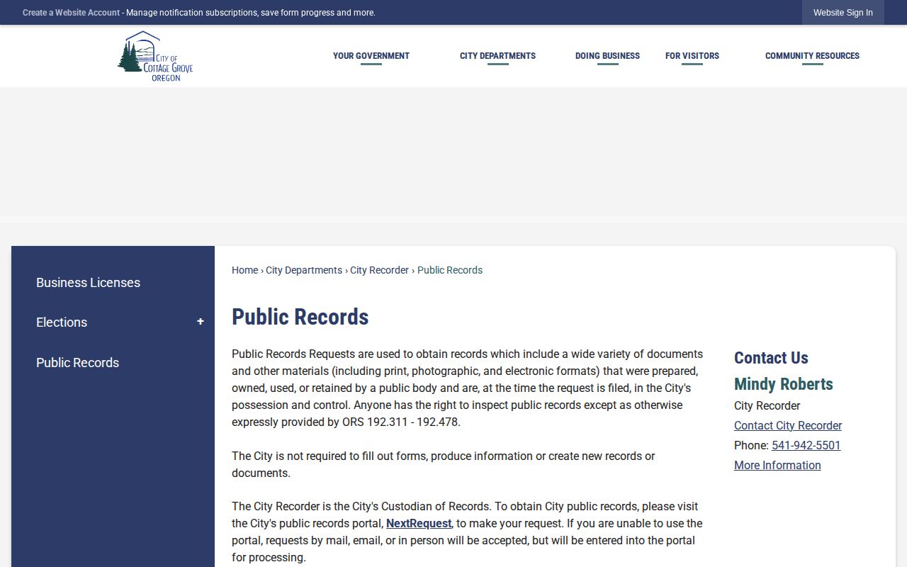 Lane County Cottage Grove records public-records page