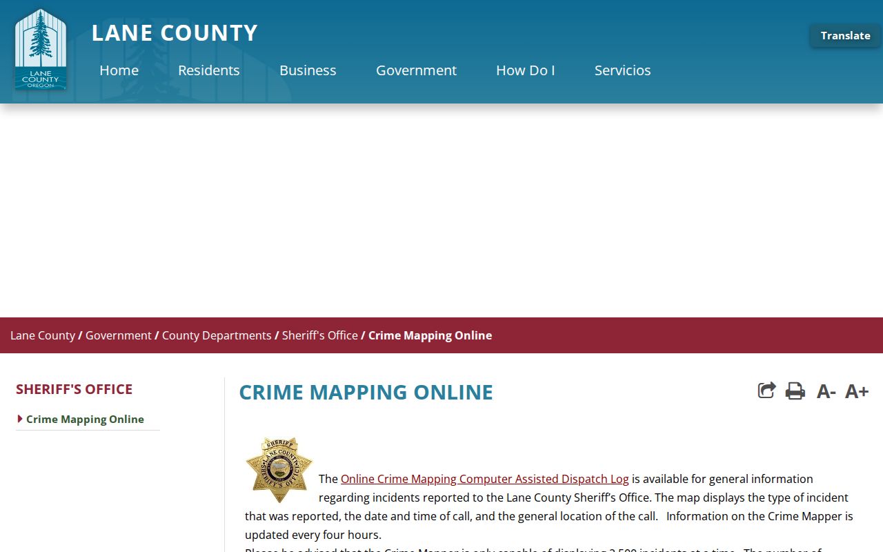 Lane County sheriff CAD incident-record Crime Mapper