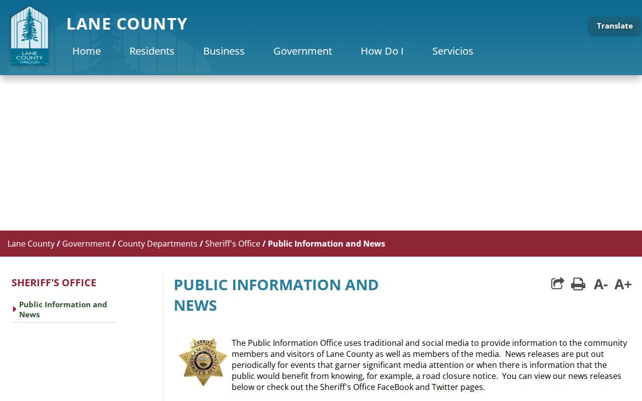 Lane County Sheriff's Office Public Information and FlashAlert news releases page