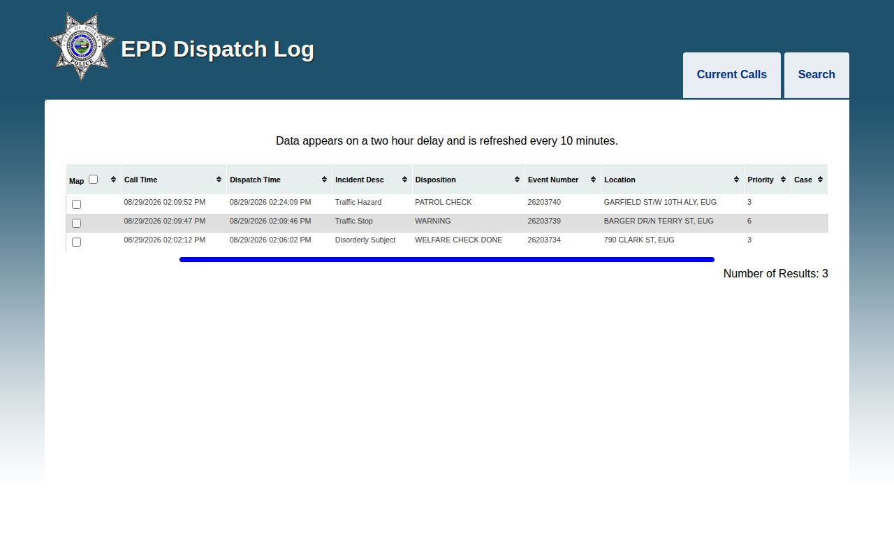 Lane County Eugene police dispatch records interface