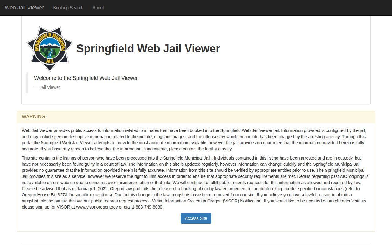 Springfield Municipal Jail current-custody record viewer in Lane County